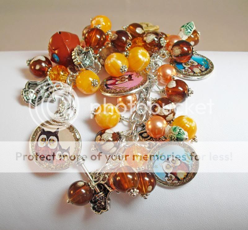 owl,altered art,charm bracelet,retro,porcelain,brown,orange,owl bell 