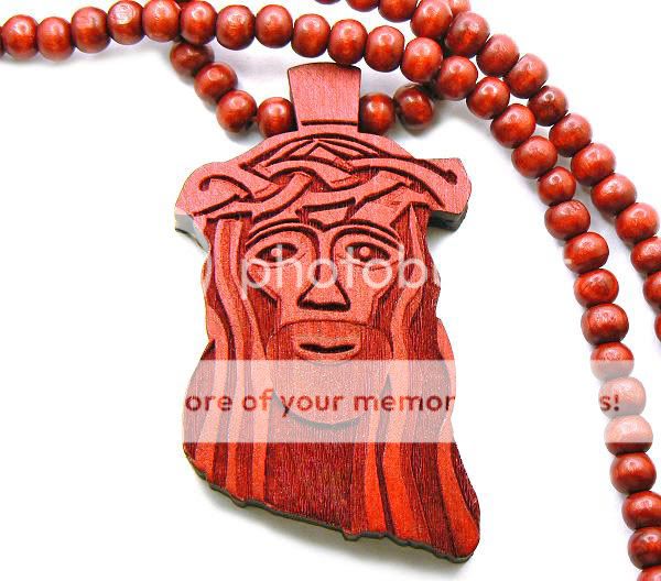 RED WOOD JESUS PIECE CHAIN CHRIST GOD PENDANT WOODEN BEAD NECKLACE 